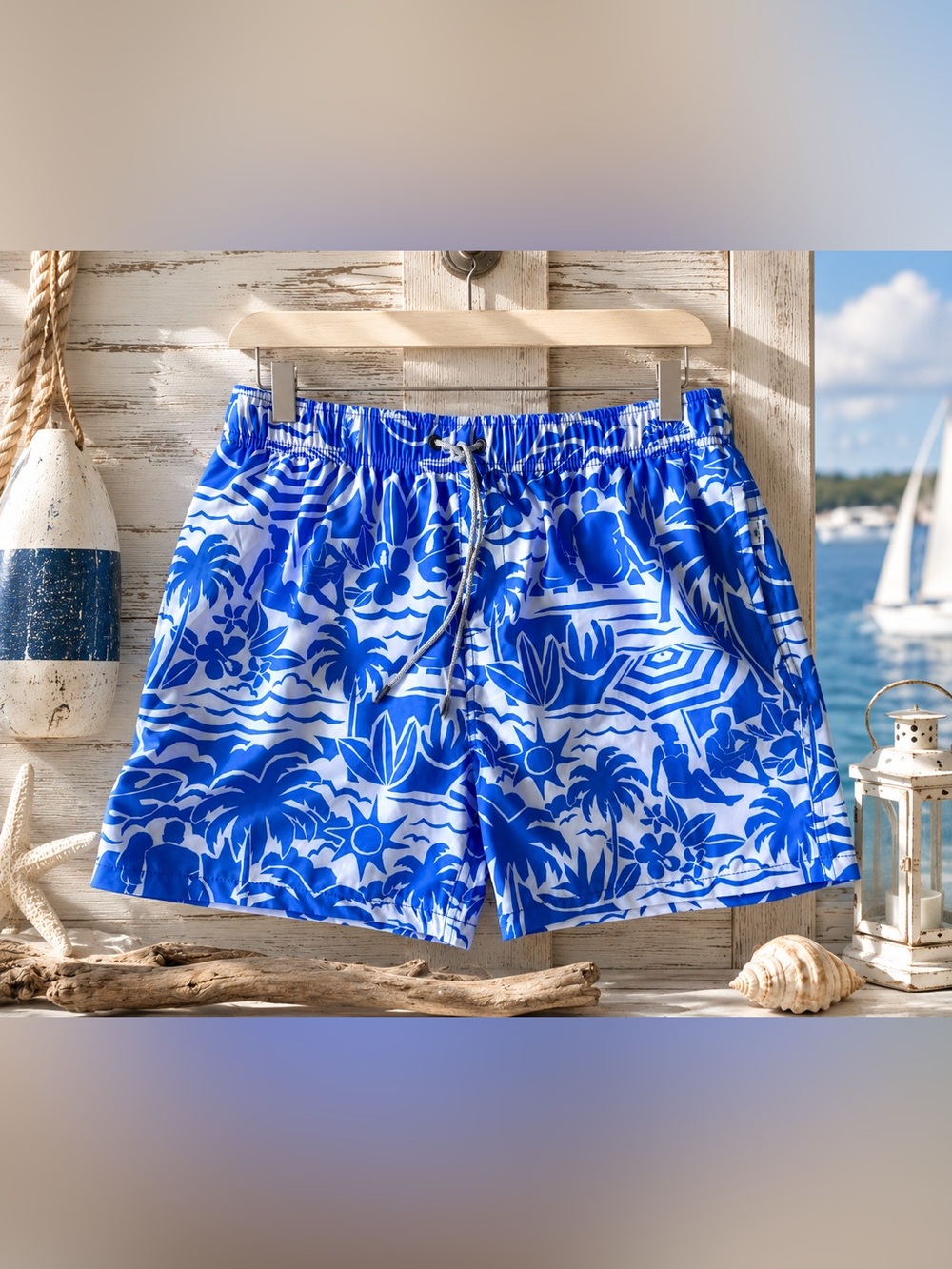 NWT Vintage Summer Blue White Tropical Swim Trunks L
